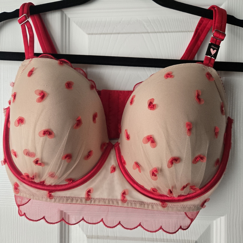 Victoria's Secret Nude Bra with Pink-Red Heart Embroidery
